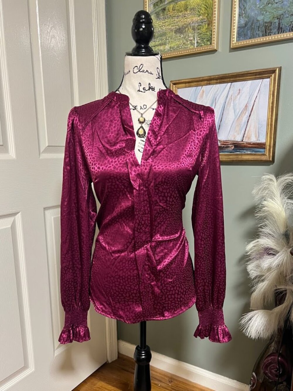 Burgundy Satin Ruffle Blouse Size S Romantic Vampy Dark Feminine Fall